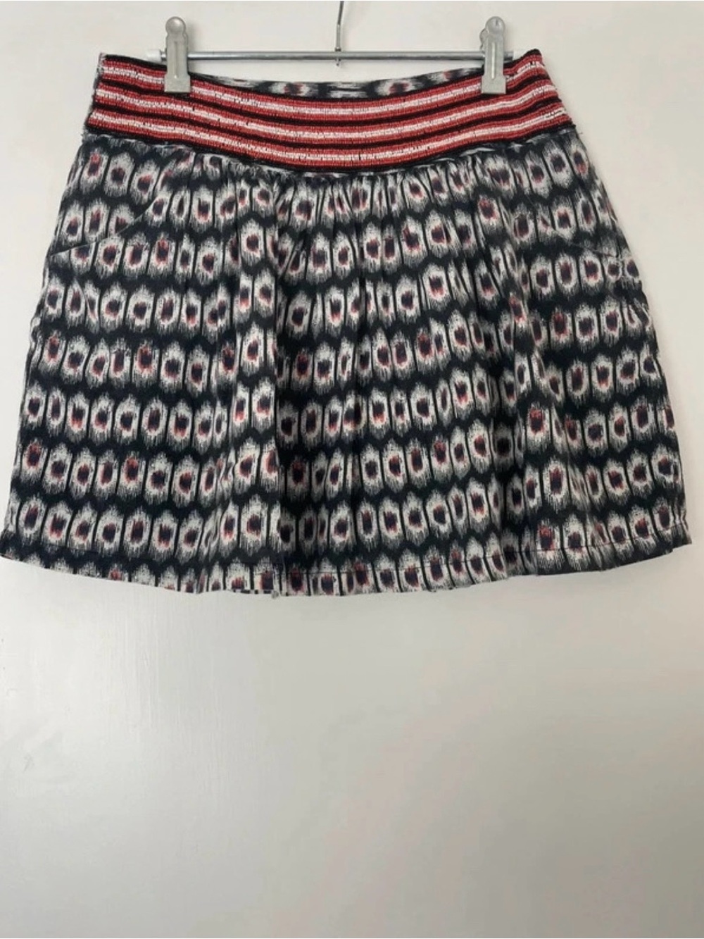 Springfield 100% Cotton Boho Ikat Mini Skirt with Pockets & Beaded Waist Size S